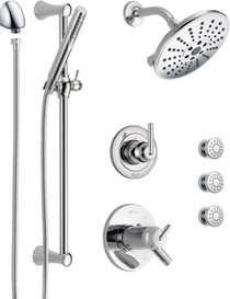 Delta Trinsic Thermostatic Shower System with Shower Head, Shower Arm, Hand Shower, Slide Bar, Bodysprays, Hose, Valve Trim and MultiChoice Rough-In