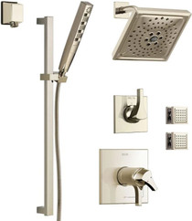 Delta Zura Pressure Balanced Shower System with Shower Head, Shower Arm, Hand Shower, Slide Bar, Bodysprays, Hose, Valve Trim and MultiChoice Rough-In