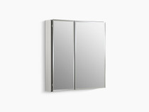 25" W x 26" H aluminum two-door medicine cabinet with mirrored doors, beveled edges