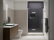 Kohler Composed®Frameless pivot shower door, 73" H x 45 - 46-3/8" W, with 3/8" thick Crystal Clear glass in Bright Polished Silver