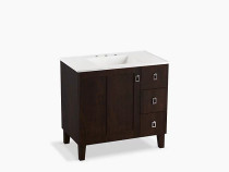 Kohler Poplin®36" bathroom vanity cabinet with legs, 1 door and 3 drawers on right in Claret Suede