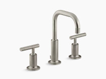 Kohler Purist®Widespread bathroom sink faucet with low lever handles and low gooseneck spout in Vibrant Brushed Nickel
