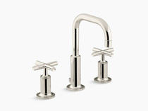 Kohler Purist®Widespread bathroom sink faucet with low cross handles and low gooseneck spout in Vibrant Polished Nickel 