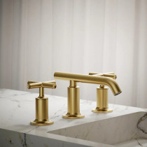 Kohler Purist®Widespread bathroom sink faucet with low cross handles and low spout in Vibrant Brushed Moderne Brass
