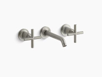 Kohler Purist®Widespread wall-mount bathroom sink faucet trim with 6-1/4" spout and cross handles, requires valve in Vibrant Brushed Nickel