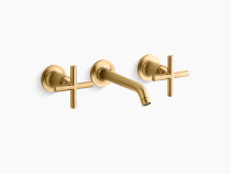 Kohler Purist®Widespread wall-mount bathroom sink faucet trim with 6-1/4" spout and cross handles, requires valve in Vibrant Brushed Moderne Brass