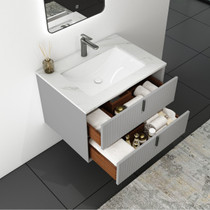 Royal Fence 30 inch Wall-mount Bathroom Vanity with Pure White Quartz Top In Grey