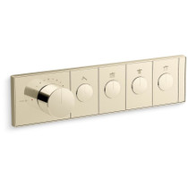 Kohler Anthem Four Function Thermostatic Valve Trim Only with Single Knob Handle, Integrated Diverter, and Volume Control - Less Rough In upto 8 gpm - Vibrant French Gold 
