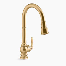 KOHLER Artifacts® Touchless pull-down kitchen sink faucet with three-function sprayhead 1.5 gpm - Vibrant Brushed Moderne Brass