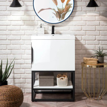 JAMES MARTIN FURNITURE COLUMBIA 24" SINGLE VANITY CABINET IN GLOSSY WHITE WITH MATTE BLACK BASE