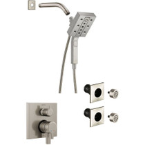 Delta Pivotal Pressure Balanced Shower System with Shower Head, Shower Arm, Hand Shower, Bodysprays, Hose, Valve Trim and MultiChoice Rough-In - Brilliance Stainless