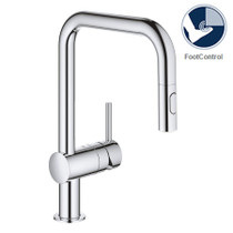 Grohe Minta Pull-Down Kitchen Faucet and Foot Control Adapter Kit Combo with 2-Function Push and Lock Sprayer