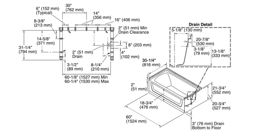 Sterling Ensemble™ Medley® Series 7117, 60” x 30” Bath With Above-Floor Drain, Biscuit