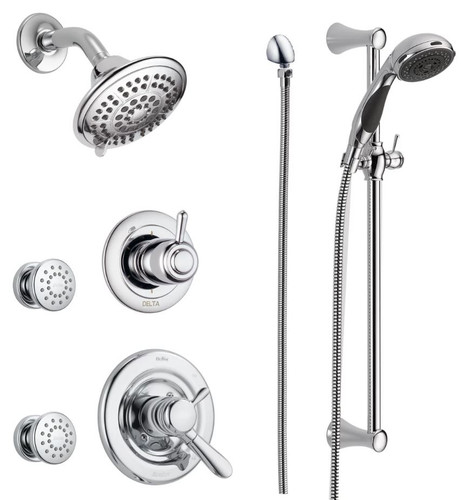 Delta Monitor 17 Series Dual Function Pressure Balanced Shower System with Integrated Volume Control, Shower Head, 2 Body Sprays and Hand Shower - Includes Rough-In Valves - Chrome