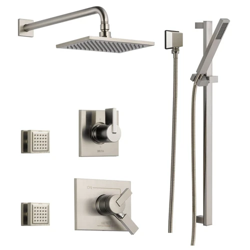 Delta Monitor 17 Series Dual Function Pressure Balanced Shower System with Integrated Volume Control, Shower Head, 2 Body Sprays and Hand Shower - Includes Rough-In Valves -  Brilliance Stainless