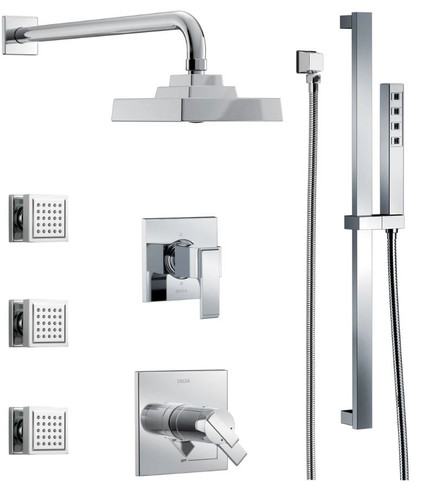 Delta TempAssure 17T Series Thermostatic Shower System with Integrated Volume Control, Shower Head, 3 Body Sprays and Hand Shower - Includes Rough-In Valves - Chrome