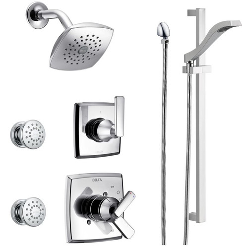 Delta Monitor 17 Series Dual Function Pressure Balanced Shower System with Integrated Volume Control, Shower Head, 2 Body Sprays, Hand Shower and Valves