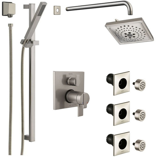 Delta Ara Thermostatic Shower System with Shower Head, Shower Arm, Hand Shower, Slide Bar, Bodysprays, Hose, Valve Trim and MultiChoice Rough-In -  Brilliance Stainless