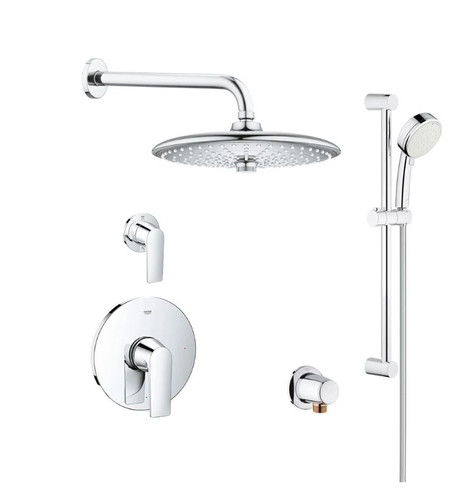 Grohe Defined Pressure Balance Shower System in Chrome finish, featuring multi-function showerhead, 1.75 GPM handshower, slide bar, and included valves.