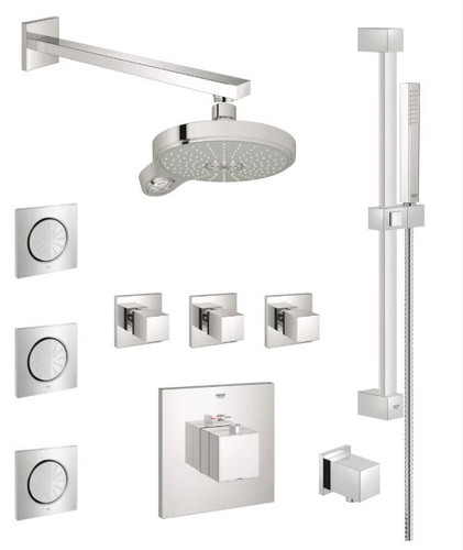 Complete Grohe Eurocube thermostatic shower kit in chrome featuring body sprays, multifunction head, handshower, slide bar, and smart volume control.