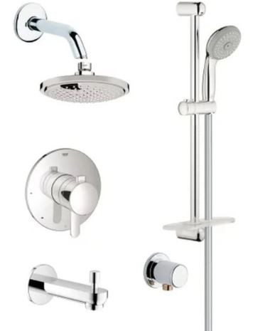Grohe Europlus complete chrome shower system featuring a rain showerhead, handshower, slide bar, tub spout, and integrated volume control.