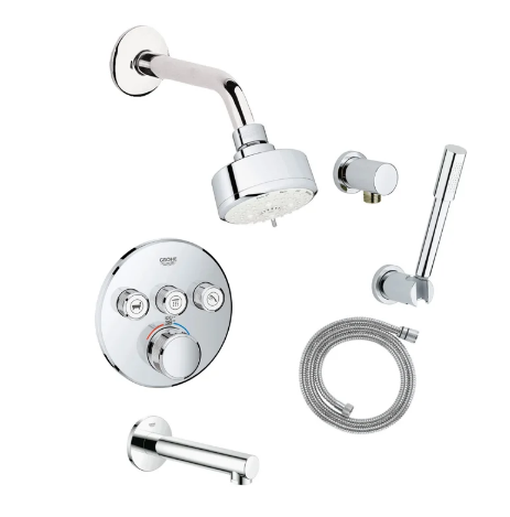 Grohe Grohtherm Thermostatic Shower System with Shower Head, Hand Shower, Shower Arm, Hose, and Tub Spout - Valve Included