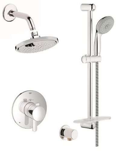 Grohe Europlus Thermostatic Shower System with Rain Shower Head, Handshower, Slide Bar, Wall Supply, Integrated Diverter and Volume Control - Rough-In Valve Included in Chrome