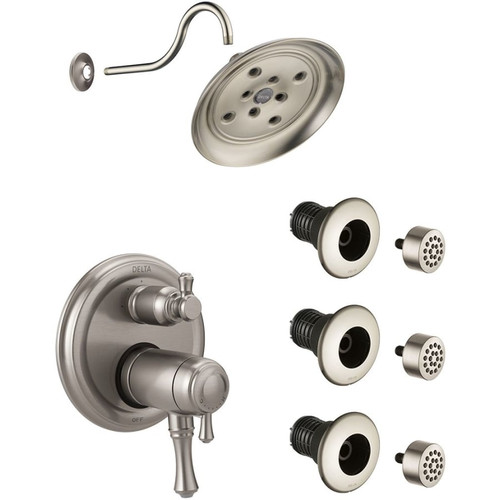 Delta Cassidy Thermostatic Shower System with Shower Head, Shower Arm, Bodysprays, Valve Trim and MultiChoice Rough-In -  Brilliance Stainless