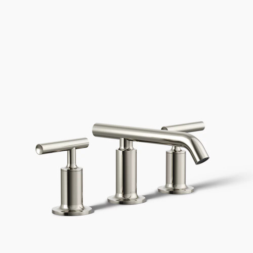 Kohler Purist®Widespread bathroom sink faucet with low lever handles and low spout in Vibrant Polished Nickel