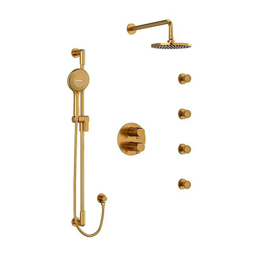 Riobel Parabola Type T/P (Thermostatic/Pressure Balance) Double Coaxial System with Hand Shower Rail, 4 Body Jets and Shower Head Kit Brushed Gold