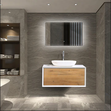 Royal Fiona 36 inch white wood textured floating bathroom vanity with integrated sink.