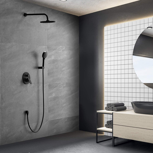 Royal Sky 2-Way Shower System Wall-Mounted Shower Set with 9" Rainhead & 5-Setting Handheld Shower Combo Set W/ Valve Included in Matt Black Royal Sky 2-Way Shower System Wall-Mounted Shower Set with 9" Rainhead & 5-Setting Handheld Shower Combo Set W/ Valve Included in Matt Black
