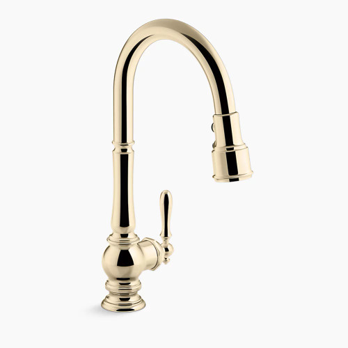 KOHLER Artifacts® Pull-down kitchen sink faucet with three-function sprayhead 1.5 gpm - Vibrant French Gold