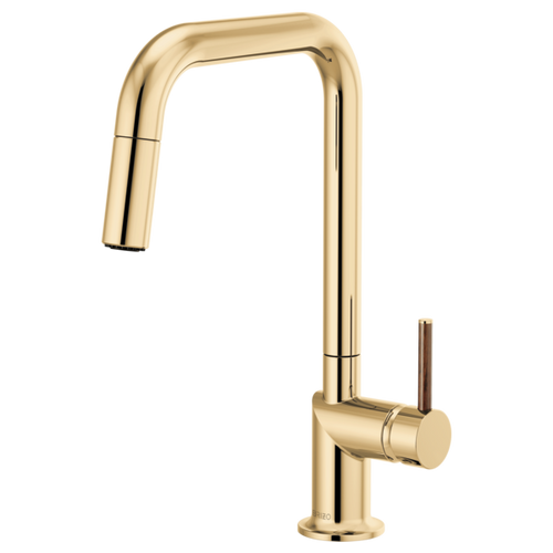 Brizo Odin® Pull-Down Faucet with Square Spout - Less Handle With Wood Lever - Brilliance® Polished Gold Brizo Odin® Pull-Down Faucet with Square Spout - Less Handle With Wood Lever - Brilliance® Polished Gold