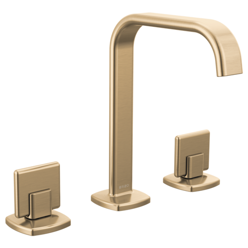 Brizo Allaria widespread lavatory faucet with square spout in luxe gold on modern bathroom vanity Brizo Allaria widespread lavatory faucet with square spout in luxe gold on modern bathroom vanity
