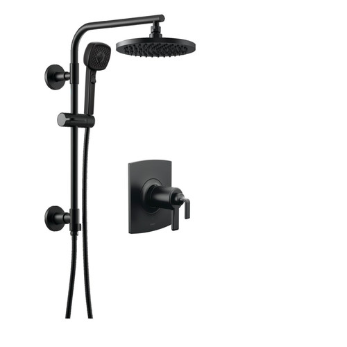 Brizo Allaria matte black thermostatic shower system with raincan head, hand shower, and rough-in valve for luxury bathrooms