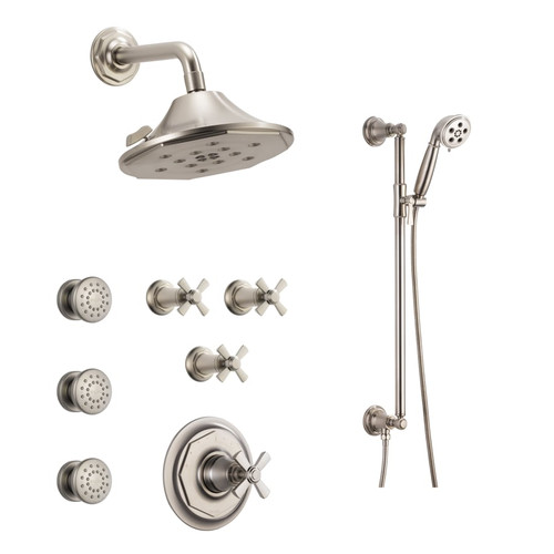 Brizo Sensori Custom Thermostatic Shower System with Showerhead, Volume Controls, Handshower, and Body Sprays - Valves Included - Luxe Nickel