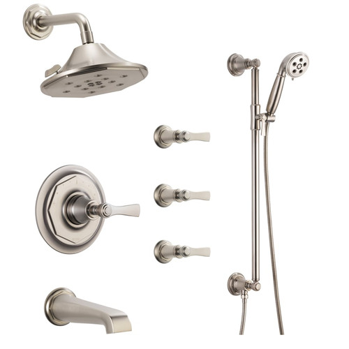Brizo Sensori Custom Thermostatic Shower System with Showerhead, Volume Controls, Handshower, and Tub Spout - Valves Included Luxe Nickel Brizo Sensori Custom Thermostatic Shower System with Showerhead, Volume Controls, Handshower, and Tub Spout - Valves Included Luxe Nickel