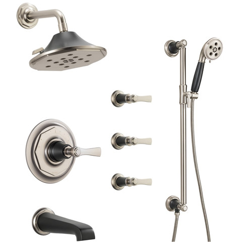 Brizo Sensori Custom Thermostatic Shower System with Showerhead, Volume Controls, Handshower, and Tub Spout - Valves Included Luxe Nickel/Matte Black Brizo Sensori Custom Thermostatic Shower System with Showerhead, Volume Controls, Handshower, and Tub Spout - Valves Included Luxe Nickel/Matte Black