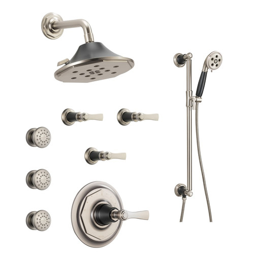 Brizo Sensori Custom Thermostatic Shower System with Showerhead, Volume Controls, Handshower, and Body Sprays - Valves Included Luxe Nickel/Matte Black