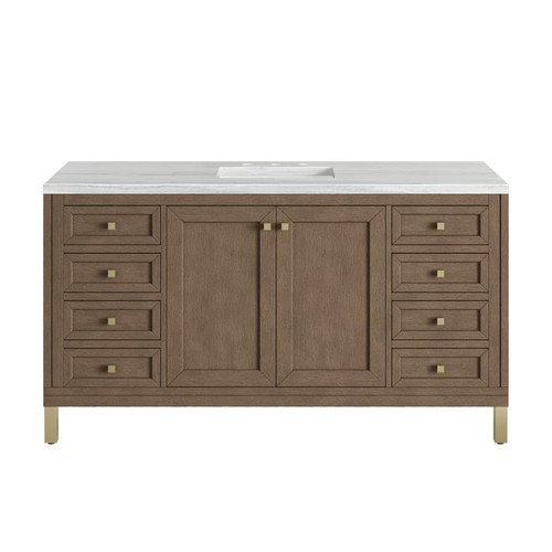 James Martin Vanities Chicago 60" Free Standing or Wall Mounted Single Basin Poplar Wood Vanity Set with 3 cm Arctic Fall Solid Surface Vanity Top and Rectangular Sink