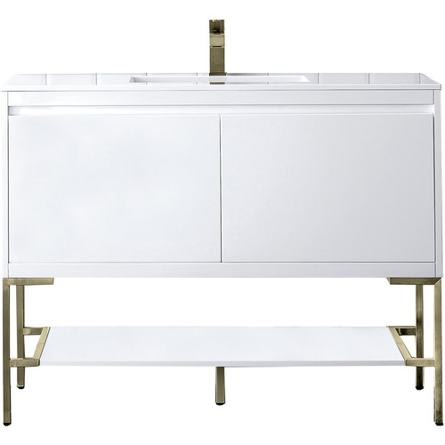 James Martin Vanities Mantova 48" Single Basin Poplar Wood Vanity Set with Glossy White Composite Stone Vanity Top, Champagne Brass Base and Rectangular Sink