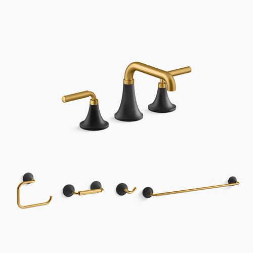 Kohler Tone™ Bundle Tone™ Widespread Bathroom Sink Faucet and Accessories in Matte Black With Moderne Brass