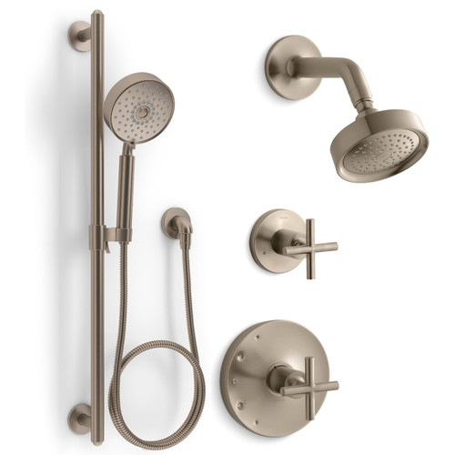 Kohler Purist Pressure Balanced Shower System with Shower Head, Hand Shower, Valve Trim, and Shower Arm - Vibrant Brushed Bronze
