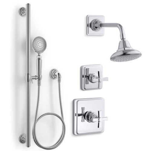 Kohler Pinstripe Pressure Balanced Shower System with Shower Head, Hand Shower, Valve Trim, and Shower Arm - Polished Chrome