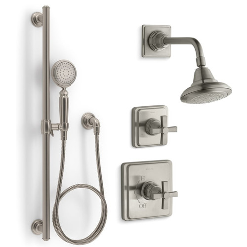 Kohler Pinstripe Pressure Balanced Shower System with Shower Head, Hand Shower, Valve Trim, and Shower Arm - Vibrant Brushed Nickel