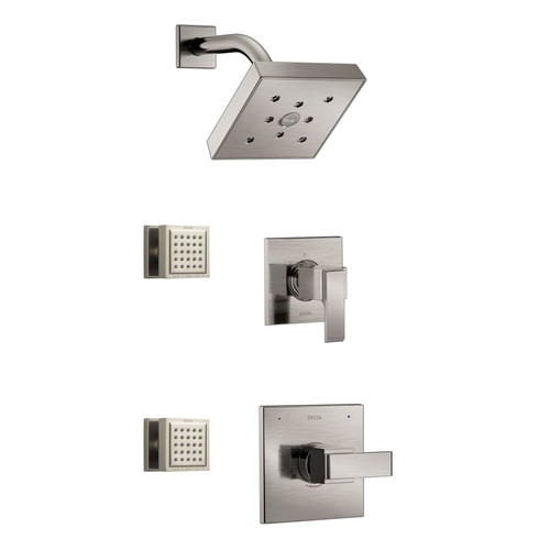 Delta Monitor 14 Series Single Function Pressure Balanced Shower System with Shower Head, and 2 Body Sprays - Includes Rough-In Valves - Brilliance Stainless