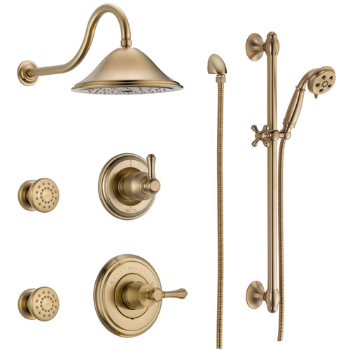 Delta Monitor 14 Series Single Function Pressure Balanced Shower System with Shower Head, 2 Body Sprays and Hand Shower - Includes Rough-In Valves - Champagne Bronze