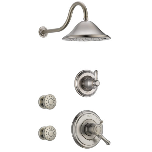 Delta Monitor 17 Series Dual Function Pressure Balanced Shower System with Integrated Volume Control, Shower Head, and 2 Body Sprays - Includes Rough-In Valves - Brilliance Stainless