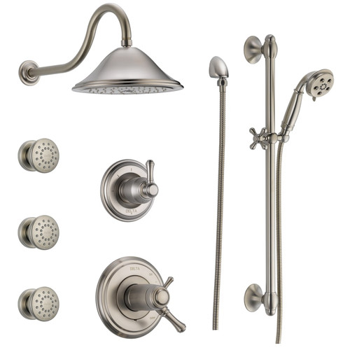 Delta TempAssure 17T Series Thermostatic Shower System with Integrated Volume Control, Shower Head, 3 Body Sprays and Hand Shower - Includes Rough-In Valves - Brilliance Stainless